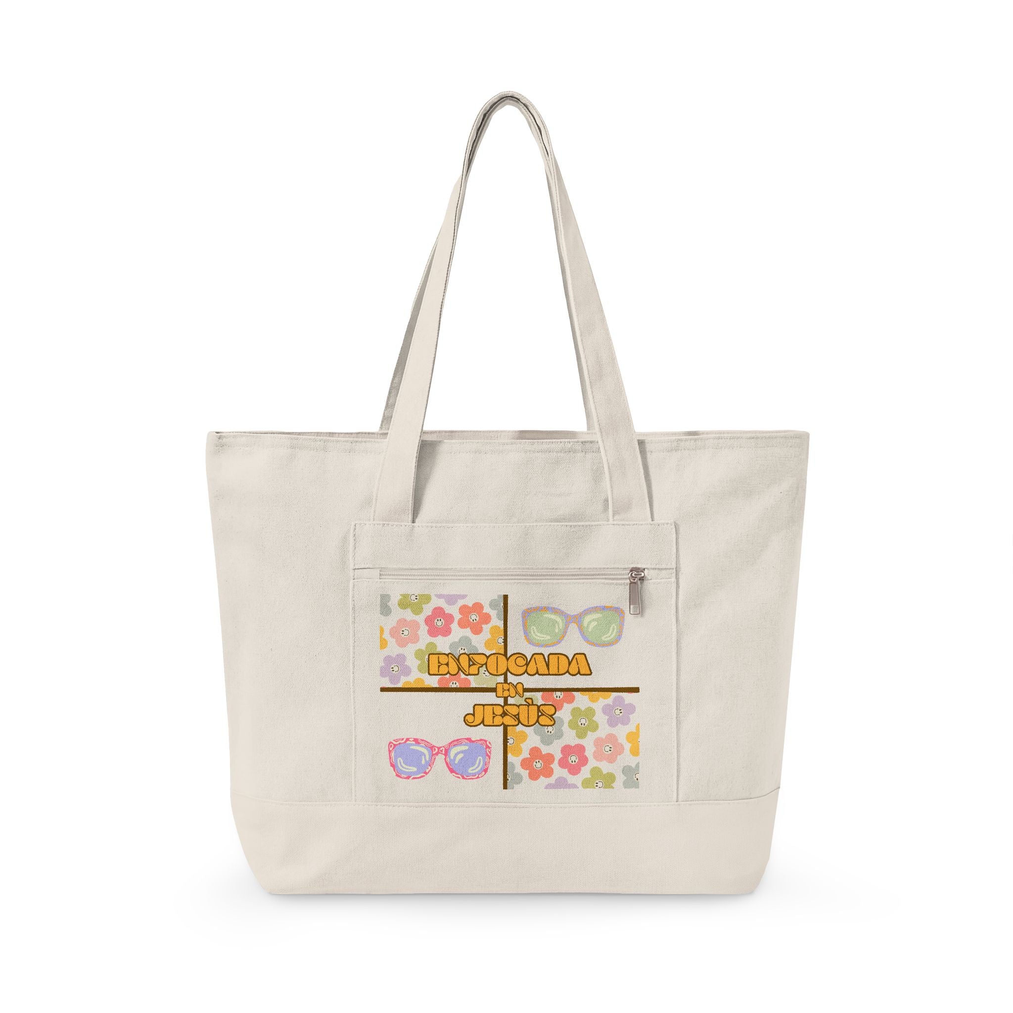 "Enfocada en Jesús" Canvas Tote - Retro Zippered Beach Bag