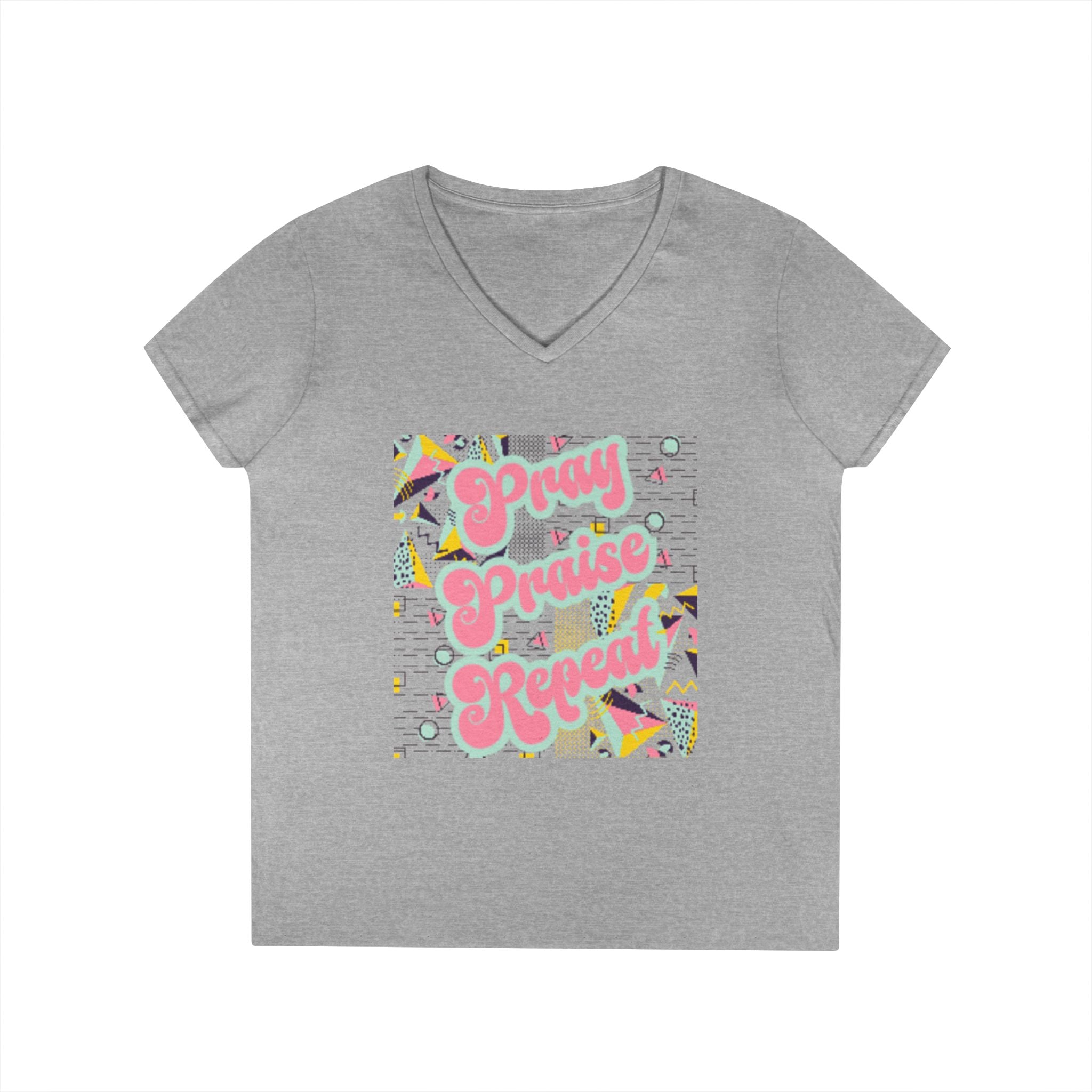 Ladies' V-Neck T-Shirt — "Pray Praise Repeat" Retro Shape Graphic