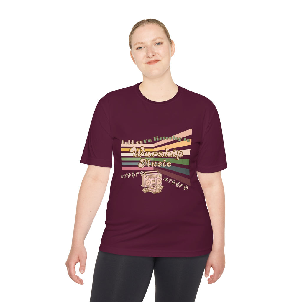 Women's Worship Music Moisture Wicking Tee — Retro Stripes & Speaker Graphic