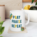 Retro Boombox Ceramic Mug – 'Pray Praise Repeat' Coffee Cup (11oz/15oz)