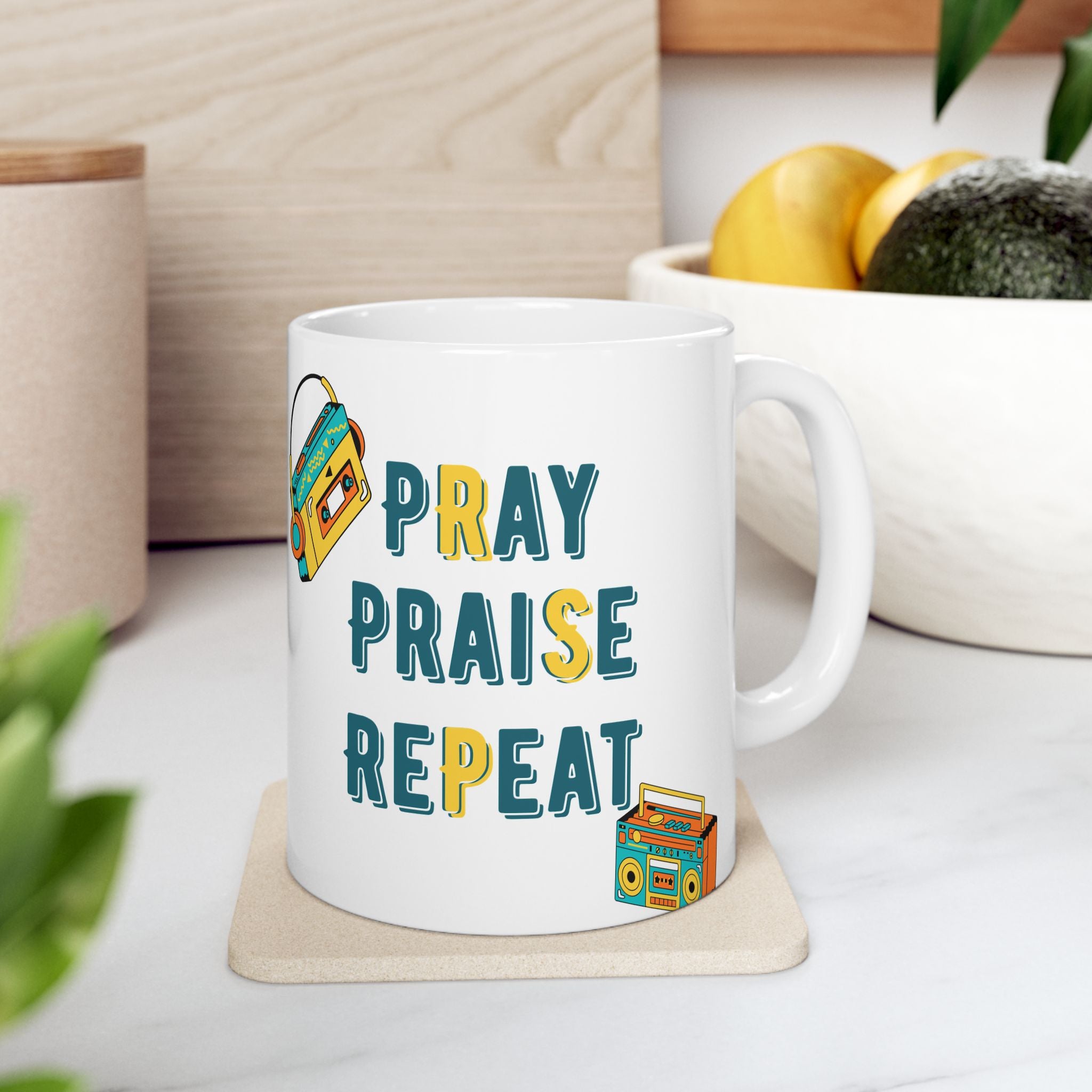 Retro Boombox Ceramic Mug – 'Pray Praise Repeat' Coffee Cup (11oz/15oz)