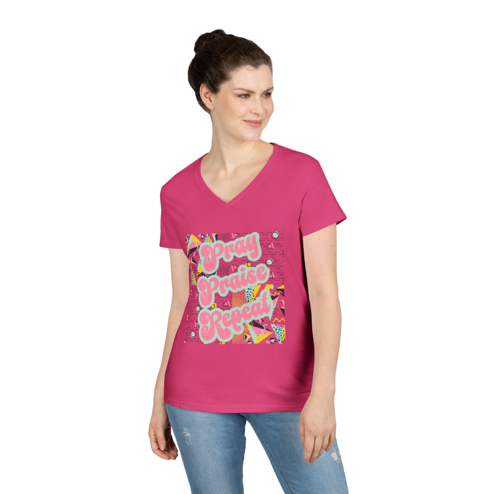 Ladies' V-Neck T-Shirt — "Pray Praise Repeat" Retro Shape Graphic