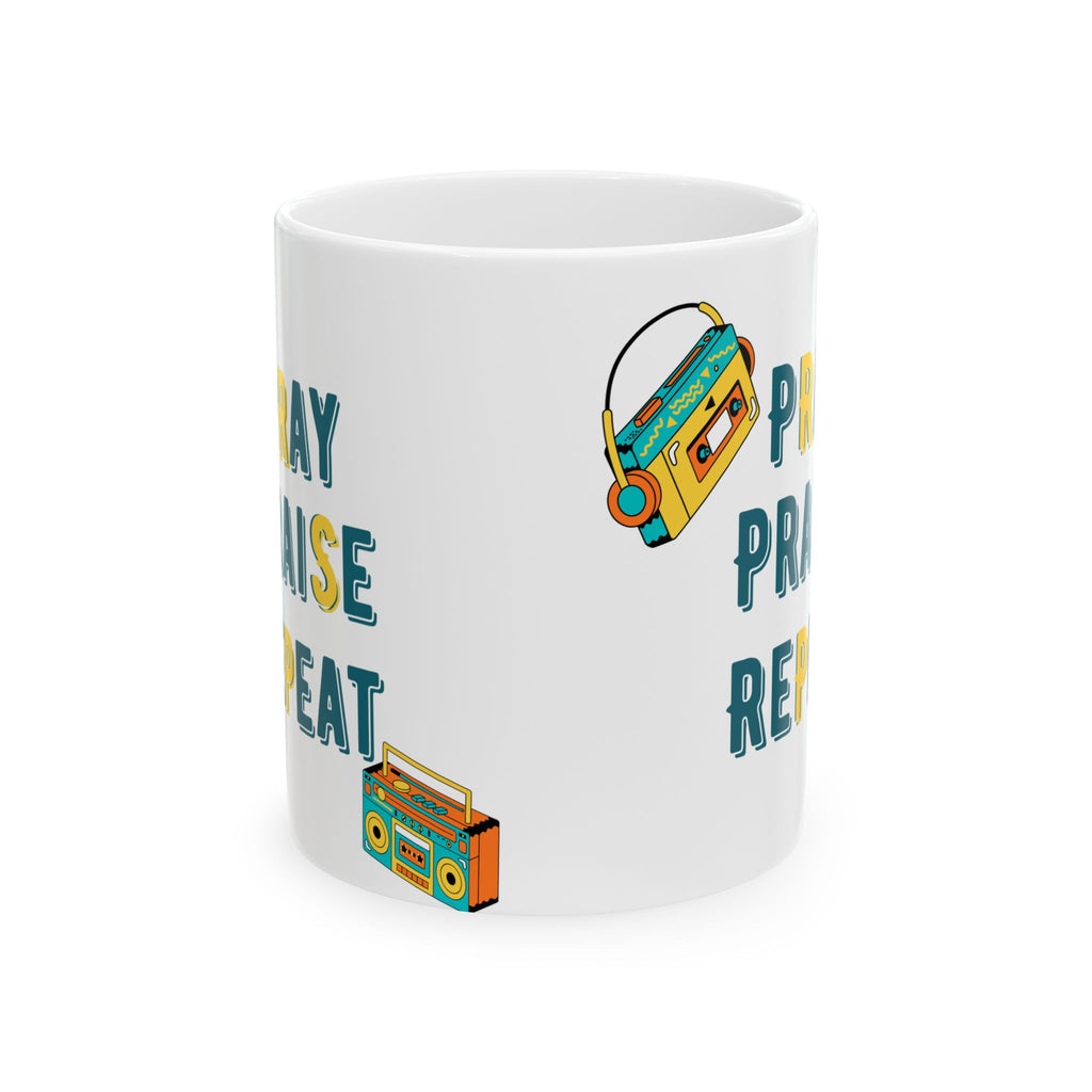 Retro Boombox Ceramic Mug – 'Pray Praise Repeat' Coffee Cup (11oz/15oz)