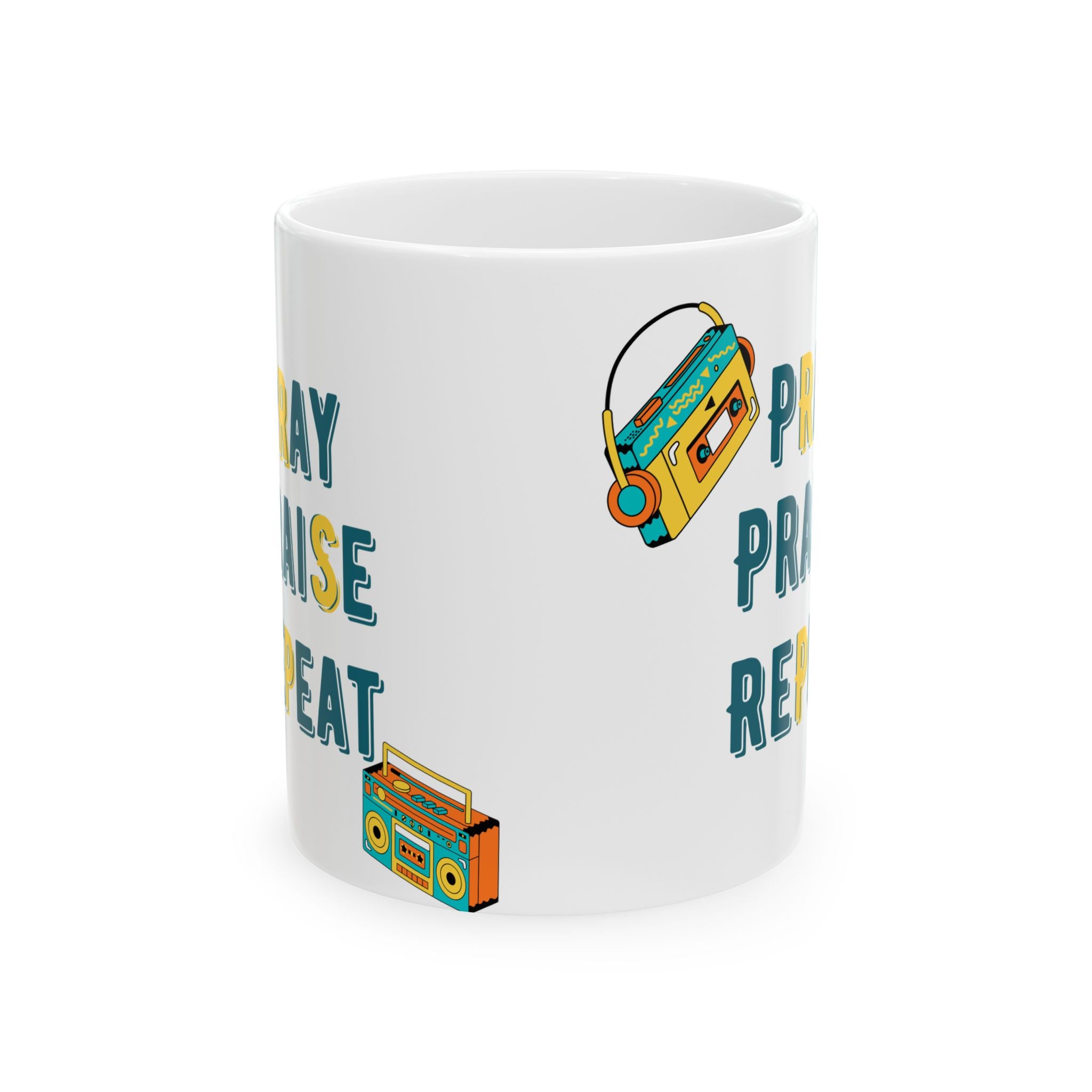 Retro Boombox Ceramic Mug – 'Pray Praise Repeat' Coffee Cup (11oz/15oz)