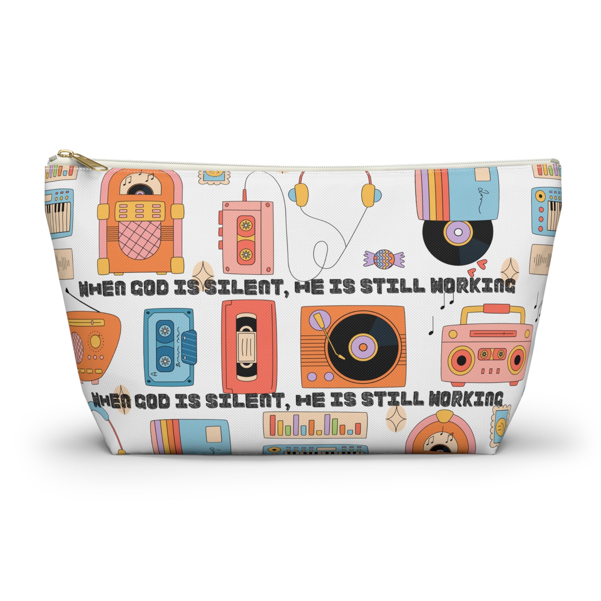 Retro Music Accessory Pouch — "When God Is Silent, He Is Still Working" T-Bottom Bag