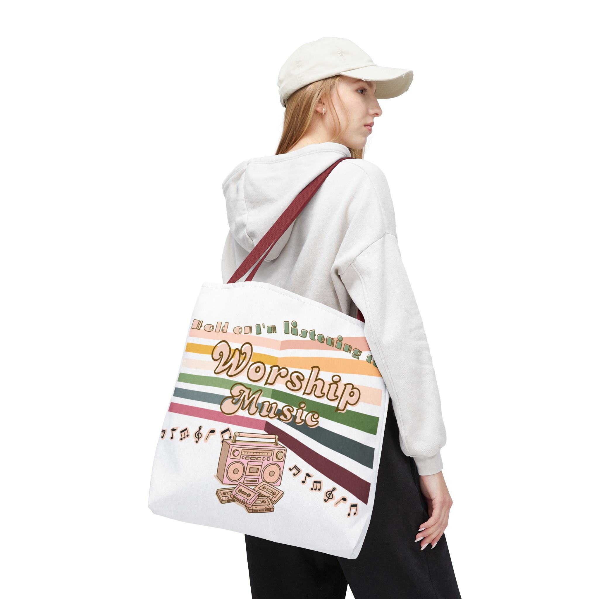 Worship Music Tote Bag – Faith-Inspired Retro Boombox Design
