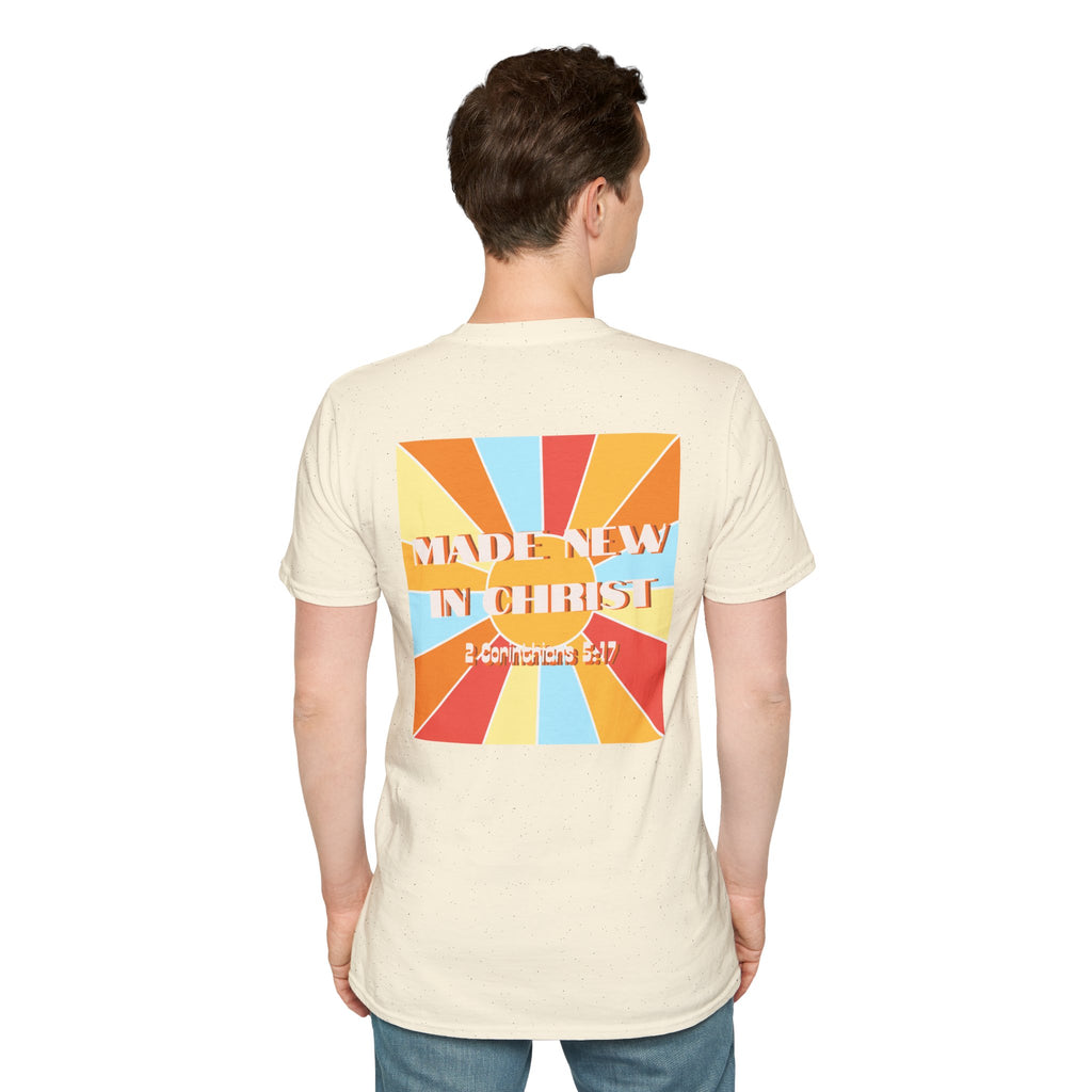 Men's Hello New Me Retro Tee — BACK: 2 Corinthians 5:17