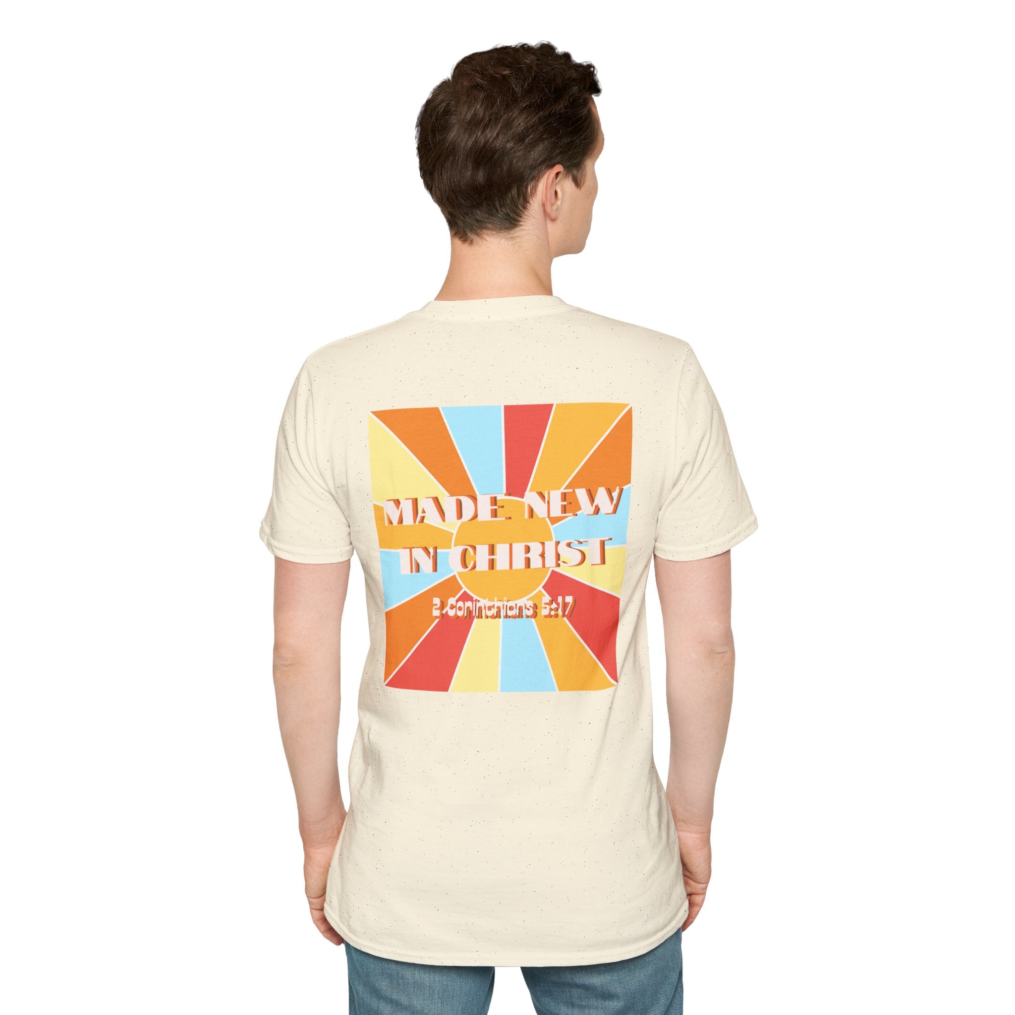 Men's Hello New Me Retro Tee — BACK: 2 Corinthians 5:17
