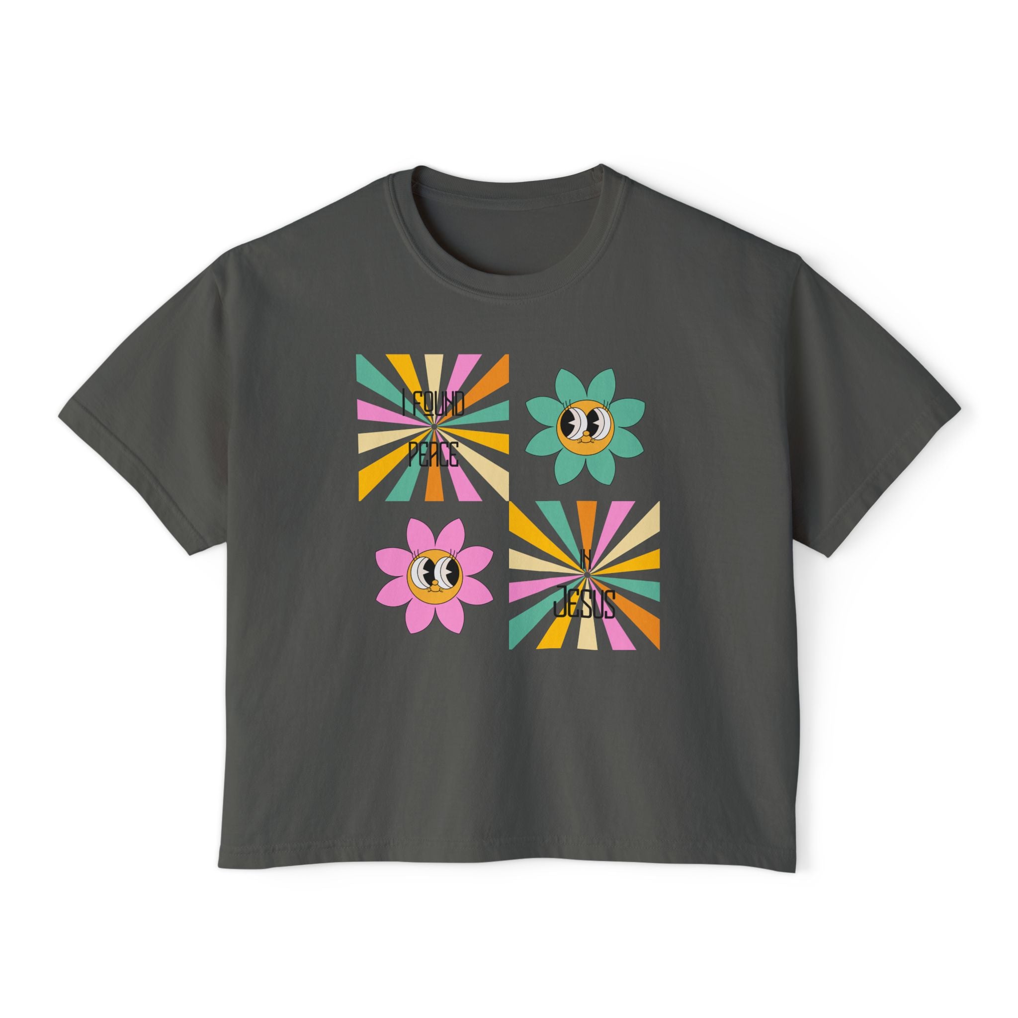 Retro "I found peace in Jesus" Boxy Tee — Woman's  Retro SqaureFlower Design