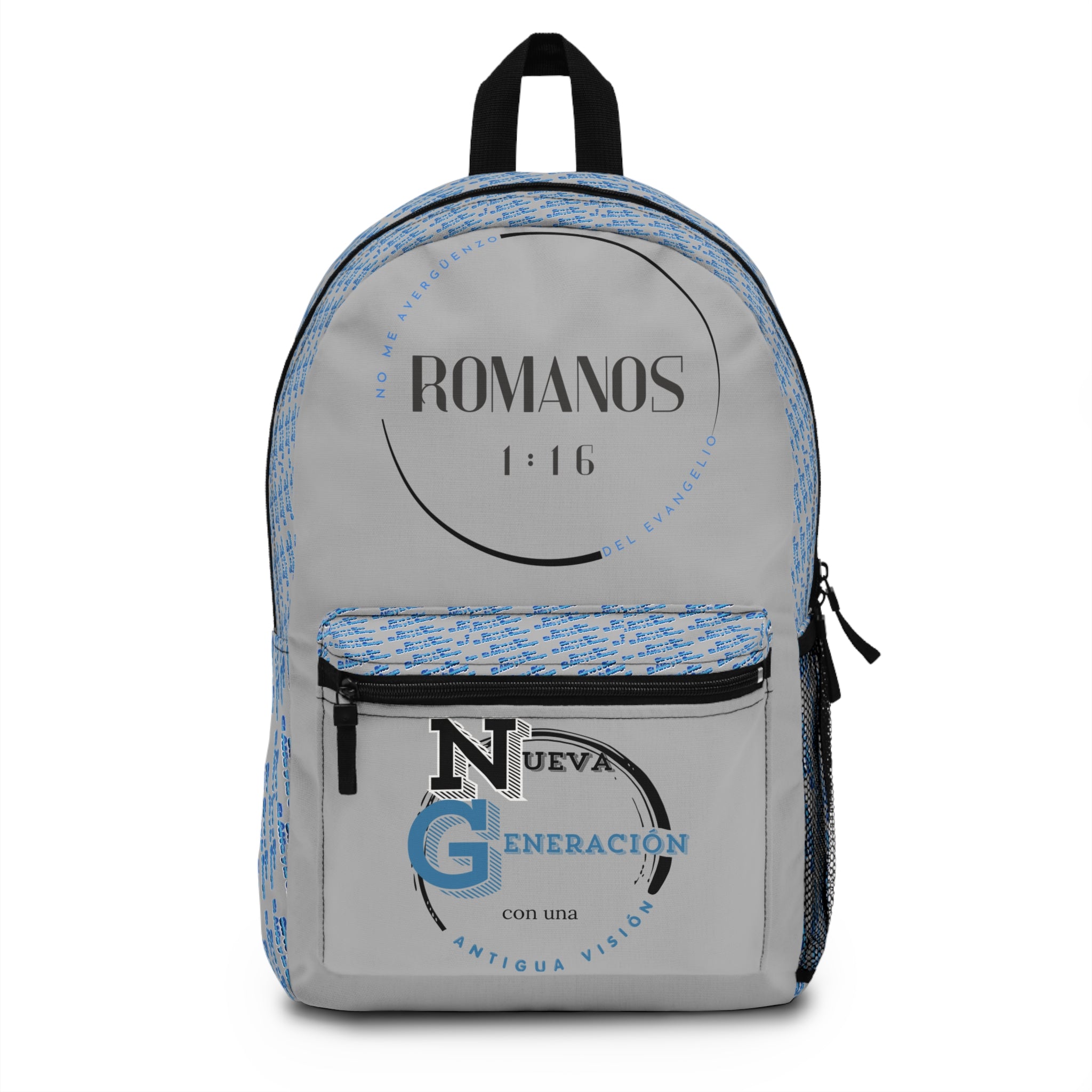 Gray backpack with blue and black spanish text on a white background. Male backpack. Spanish christian message backpack
